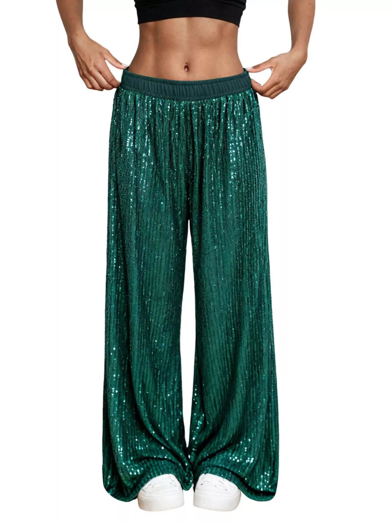 Sarah Express Women's Sequin Wide Leg Pants - High Waist Sparkle Palazzo Trousers Dark Green