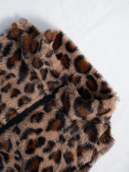 Sarah Express Women's Leopard Zip Up Faux Fur Cropped Vest Coat