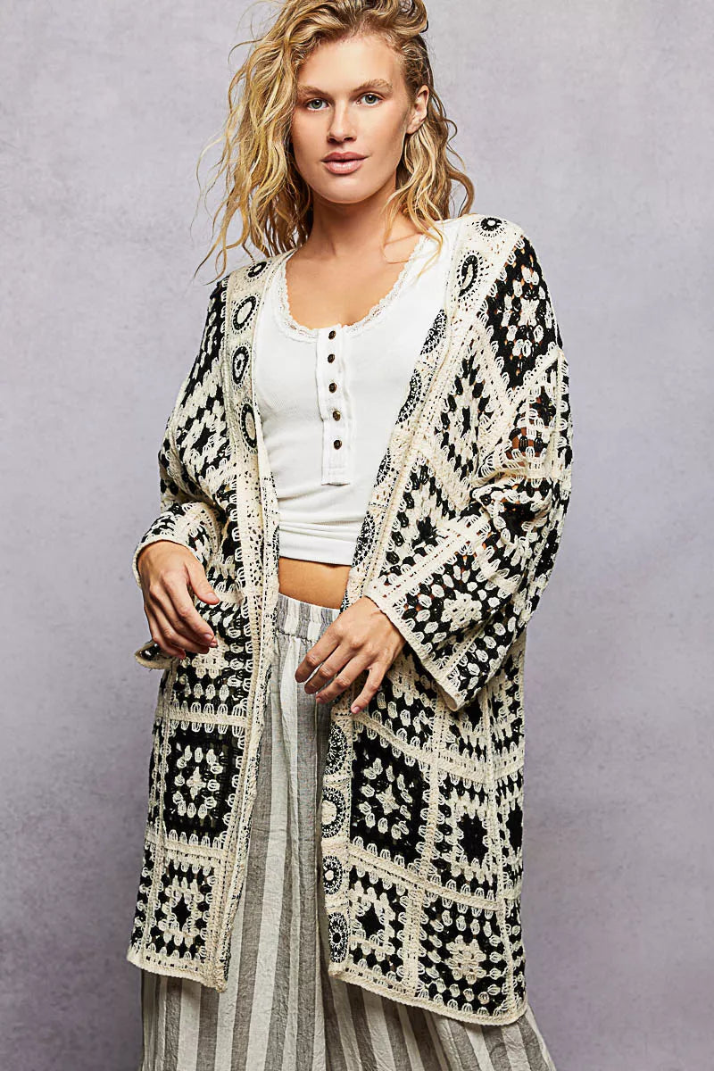 Sarah Express Women's Open Front Crochet Cardigan with Granny Square Pattern