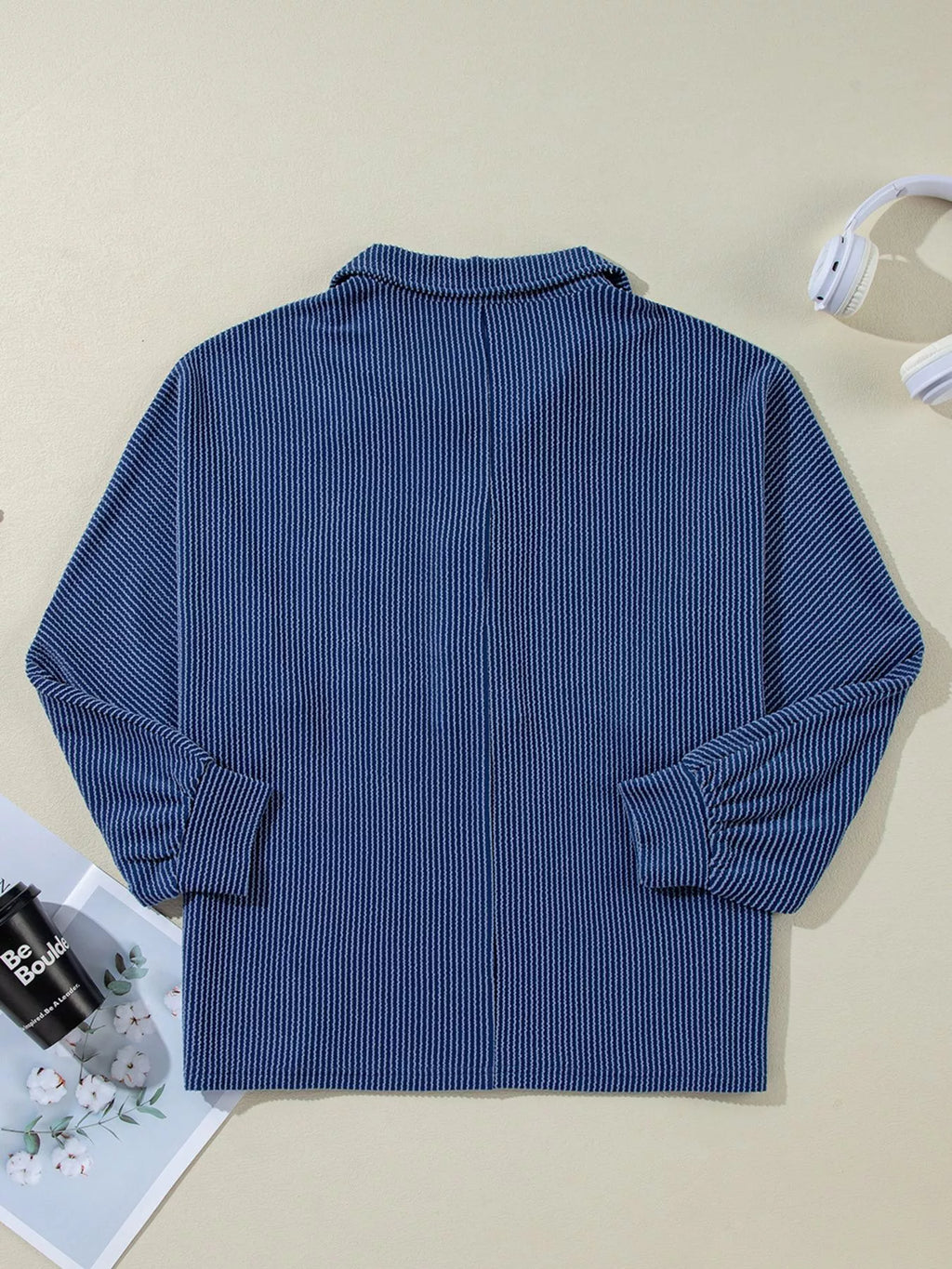 Sarah Express Women's Oversized Twist Ribbed Collared Henley Top with Roll Up Sleeve