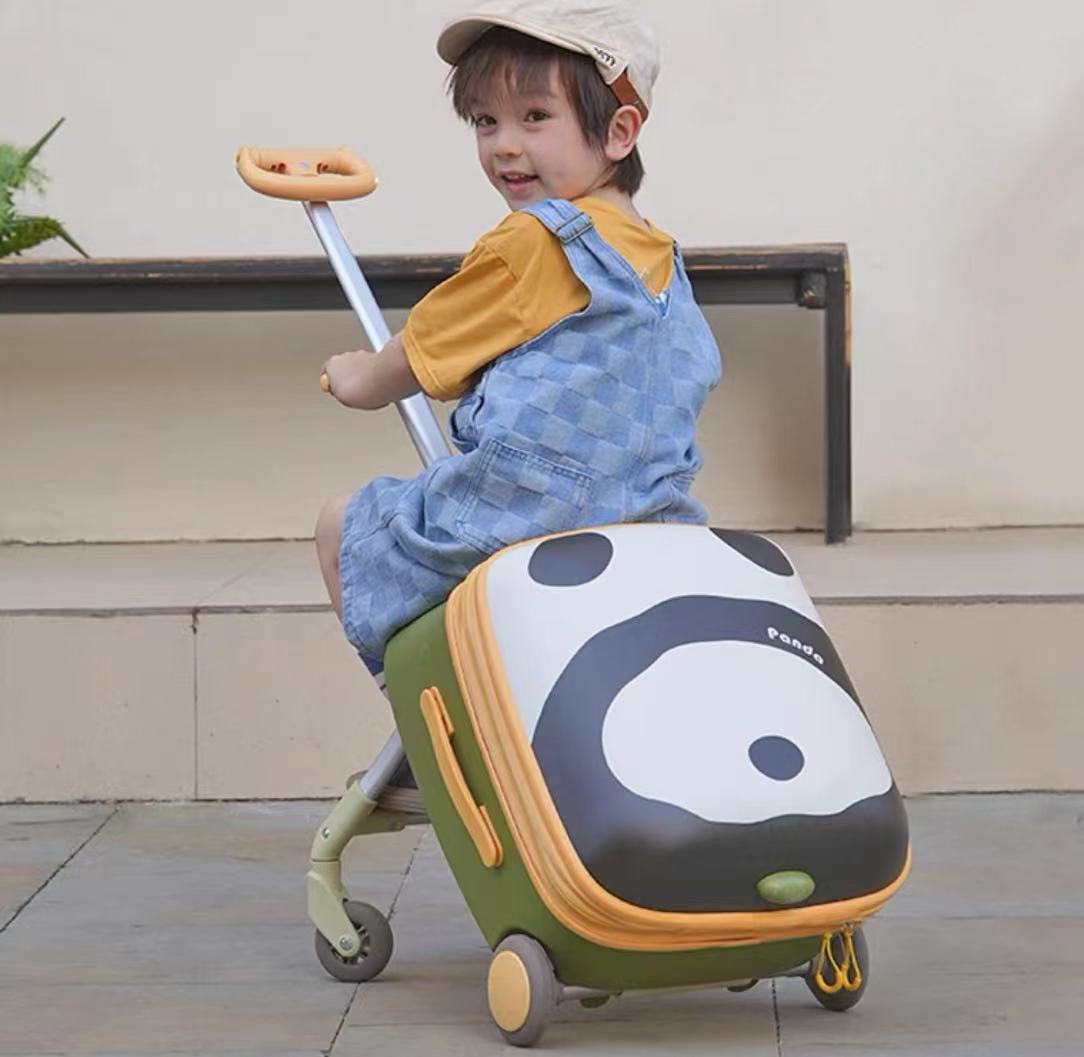 Sarah Express 2-in-1 Kids Ride-On Travel Suitcase & Stroller | Anime Canvas Carry-On with Brake Wheels | Expandable 45L Panda 45L