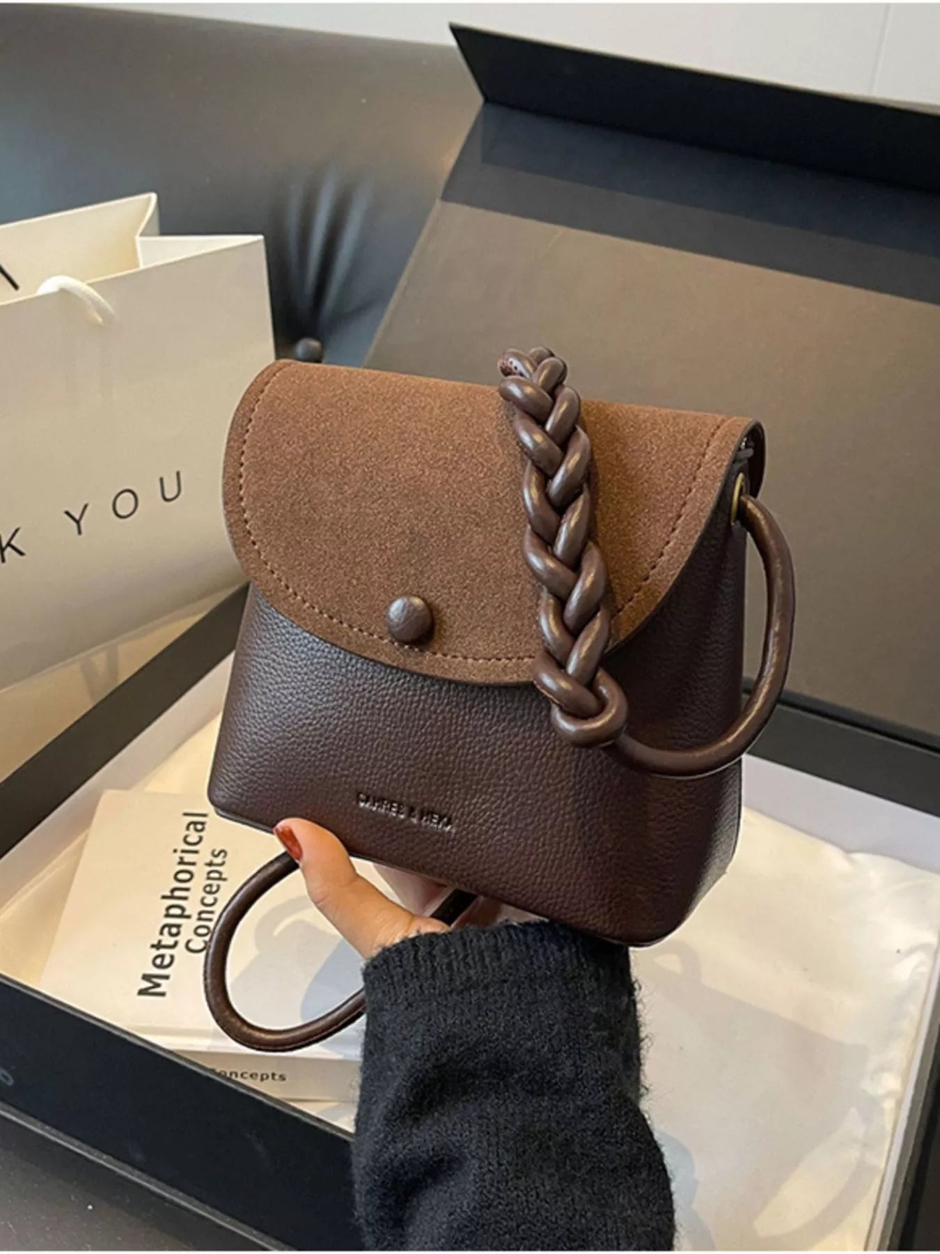 Sarah Express Mini Crossbody Bag with Braided Handle - PU Leather Flap Purse