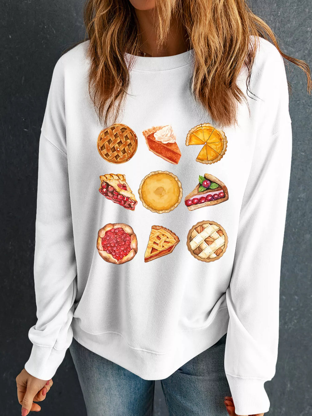 Sarah Express Women's Yummy Pie Graphic Thanksgiving Sweatshirt White