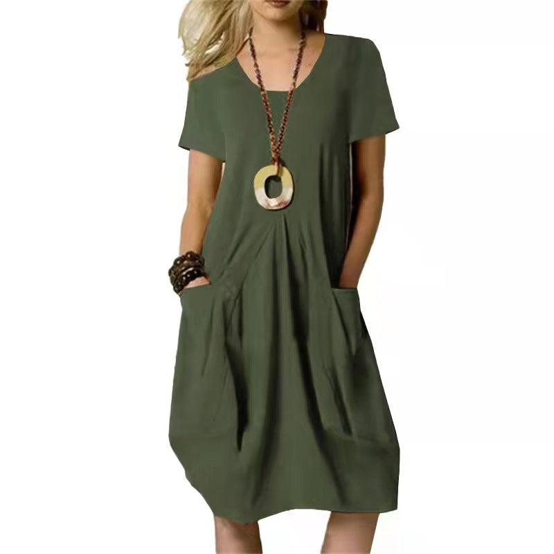 Sarah Express Women's Cotton Linen Loose Midi Dress Round Neck Short Sleeve Casual