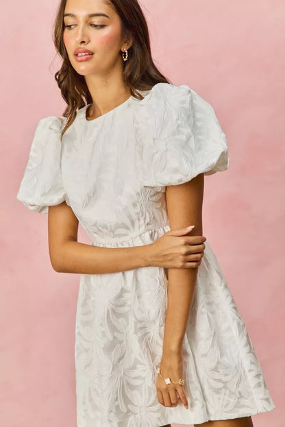 Sarah Express Women's Floral Jacquard Bubble Sleeve Mini Dress