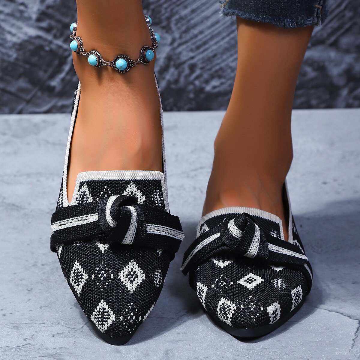 Sarah Express Bow-Tie Loafers | Breathable Mesh Slip-On Pointed Toe Flats Black squares