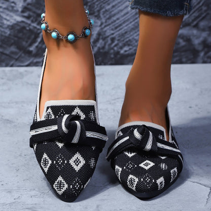 Sarah Express Bow-Tie Loafers | Breathable Mesh Slip-On Pointed Toe Flats Black squares
