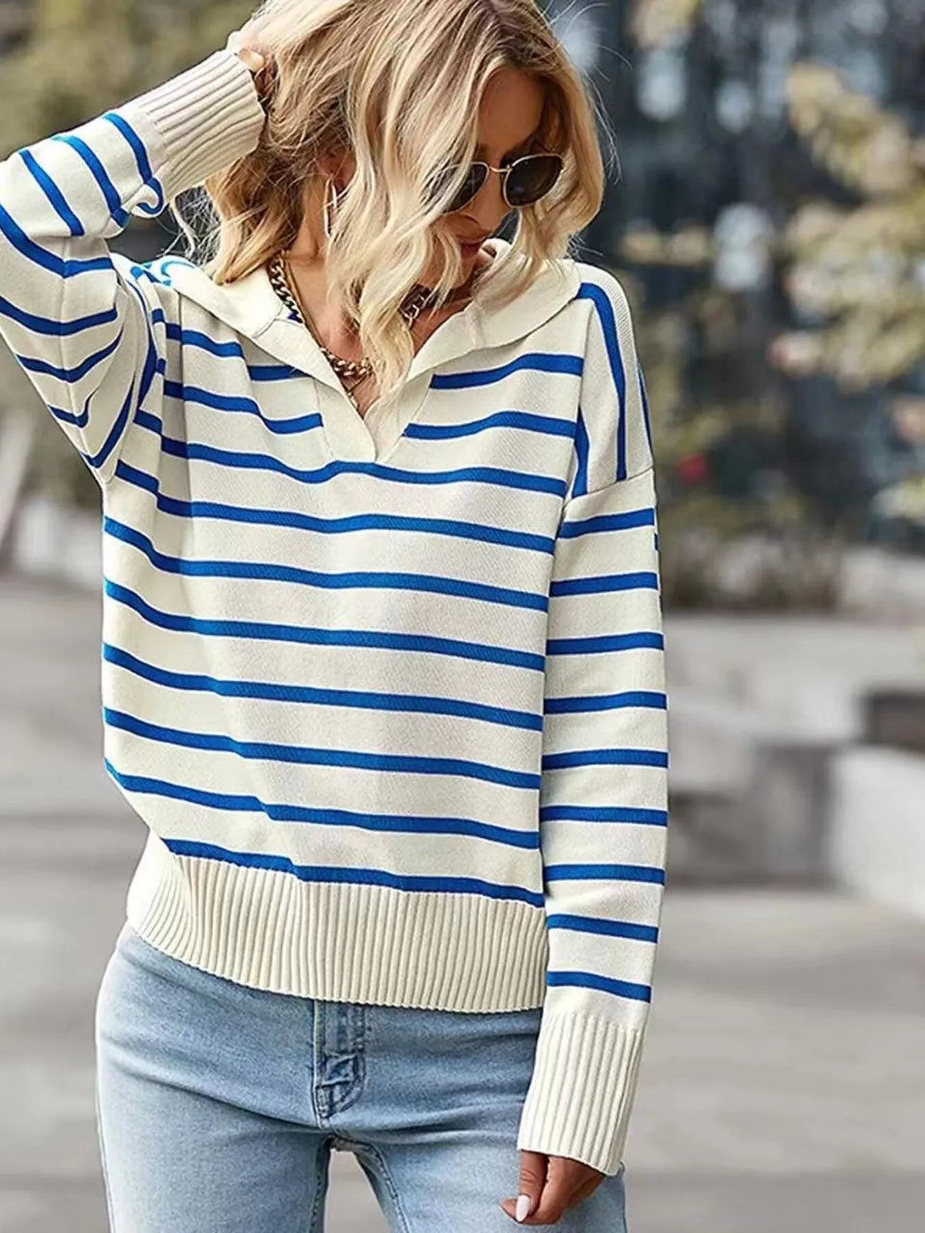 Sarah Express Women's Ribbed Hem Long Sleeve Striped Sweater Sky Blue