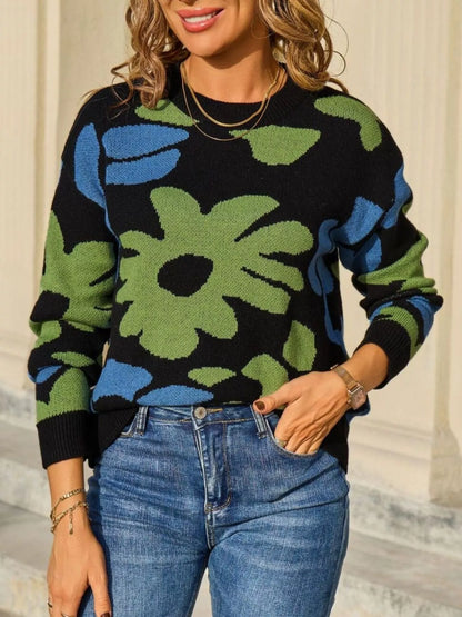 Sarah Express Women's Floral Crew Neck Long Sleeve Sweater