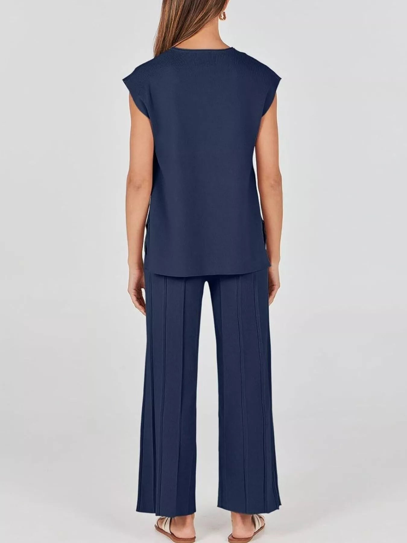 Sarah Express Women's Casual Solid Color Cap Sleeve Top and Pants Knit Set