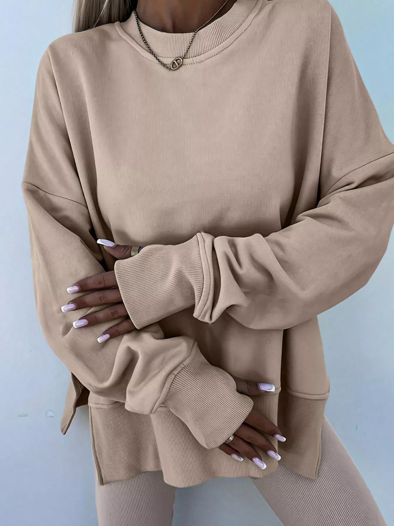 Sarah Express Women's Solid Color Oversize Slit Sweatshirt and Ribbed Leggings 2pcs Set