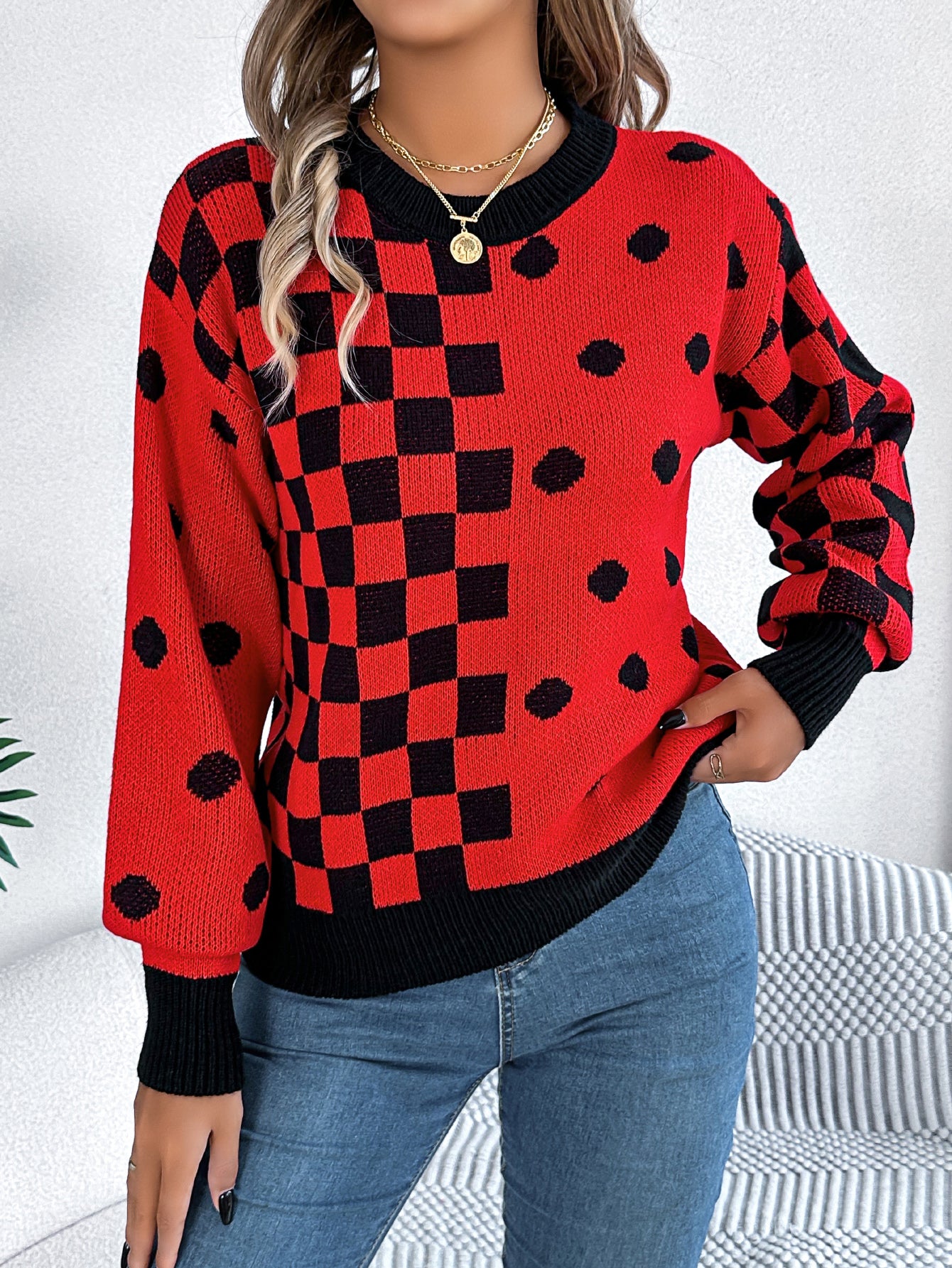 Sarah Express Women's Color Block Polka Dot Plaid Lantern Sleeve Pullover Sweater