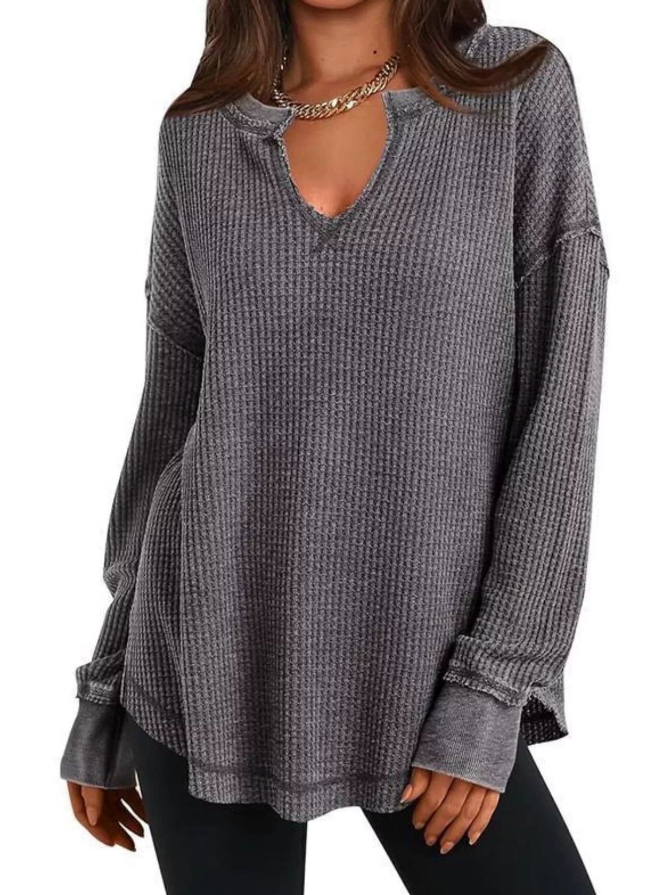 Sarah Express Women's Waffle Knit Long Sleeve Sweatshirt Dark Gray