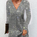 Sarah Express Women's Sequined V-Neck Mini Dress Long Sleeve Elegant Party Cocktail