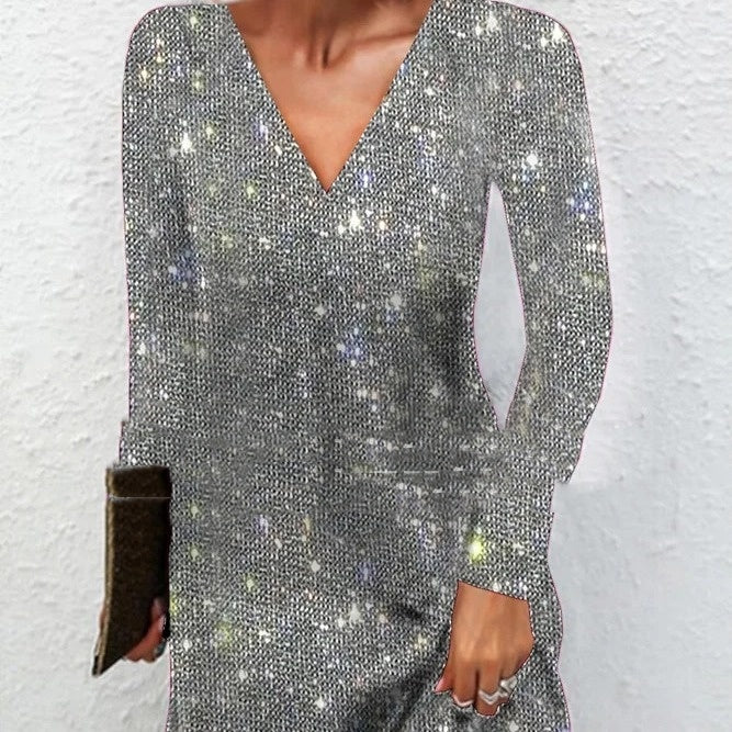 Sarah Express Women's Sequined V-Neck Mini Dress Long Sleeve Elegant Party Cocktail
