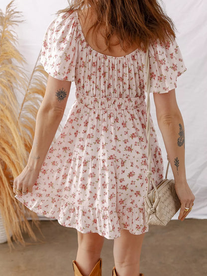 Sarah Express Women's Front Tie Shirred Waist Short Sleeve Ruffled Floral Mini Dress