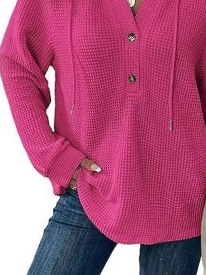 Sarah Express Women's Button Detail Waffle Knit Hoodie - Plus Size Drawstring Pullover with Pockets