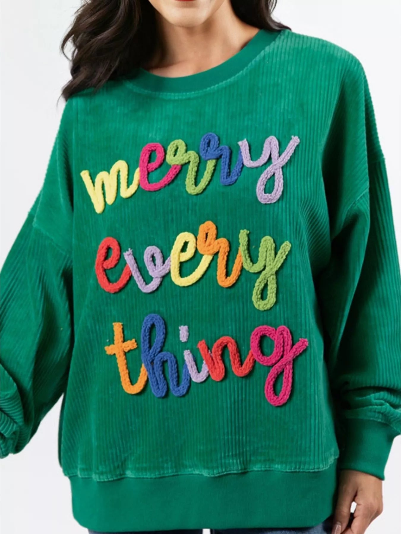 Sarah Express Women's Merry Little Thing Corded Letter Graphic Ribbed Sweatshirt Dark Green
