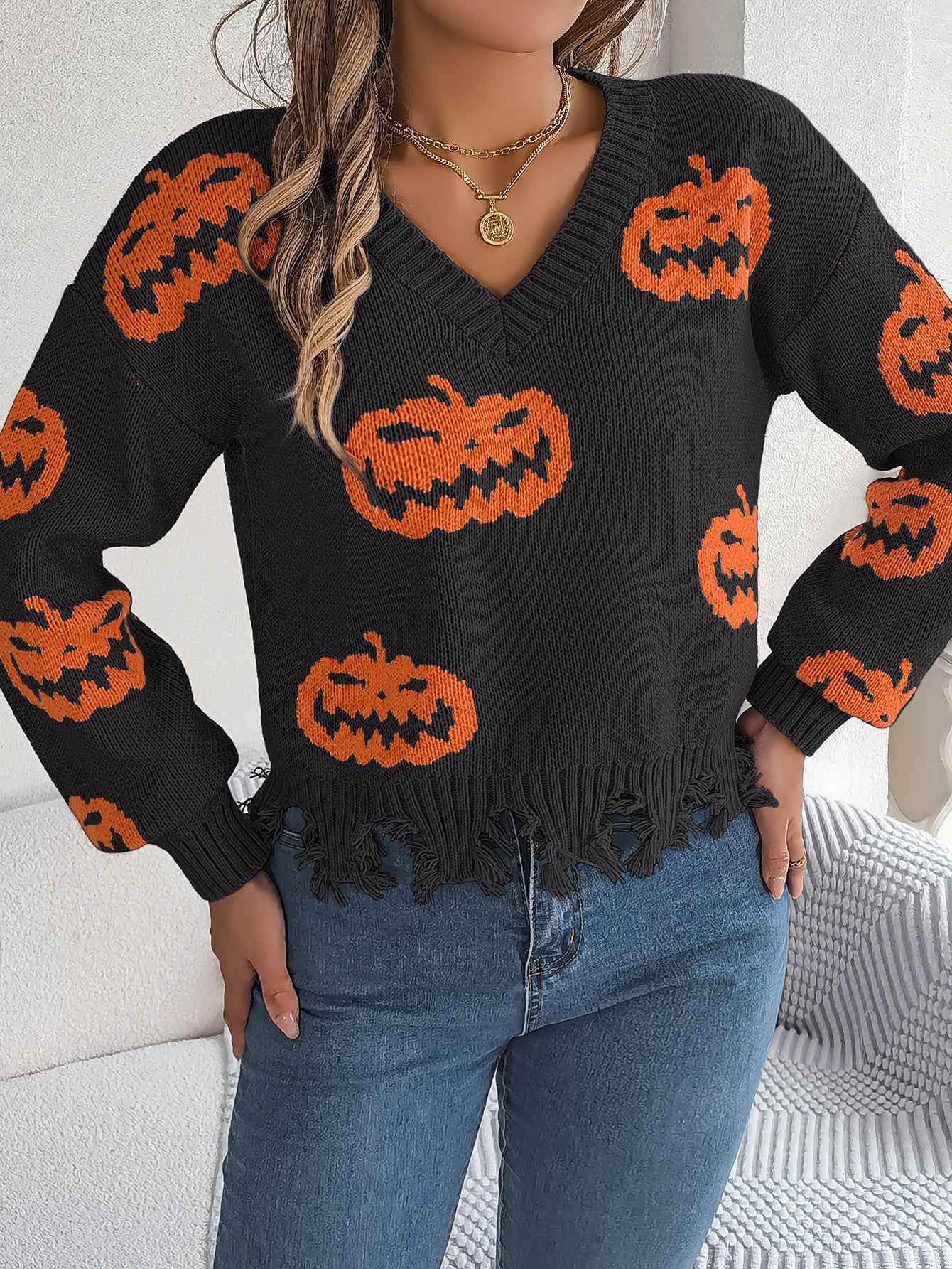 Sarah Express Women's Color Block Pumpkin Distressed Pullover Sweater Long Sleeve Knitwear Black