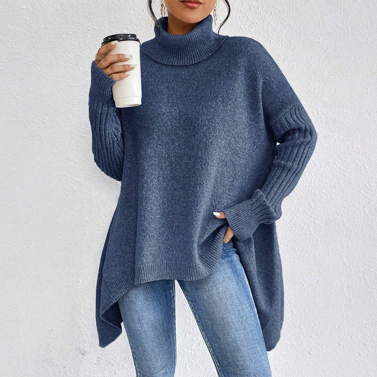 Sarah Express Women's Irregular Turtleneck Sweater - Loose Knit Long Sleeve Pullover Dark Blue 2XL