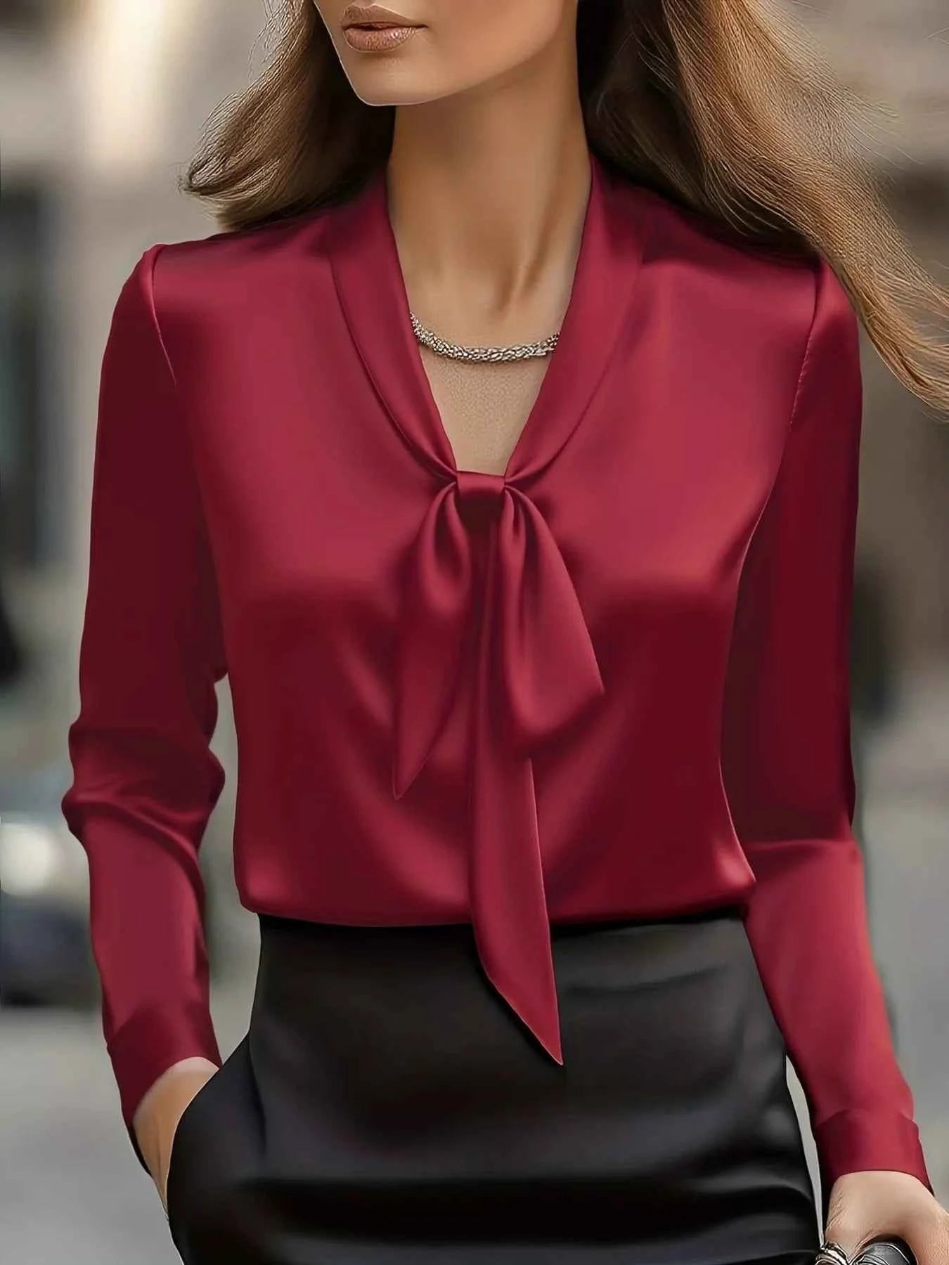 Sarah Express Women's Satin Tie Front Long Sleeve Blouse - Elegant Dressy Top Wine Red