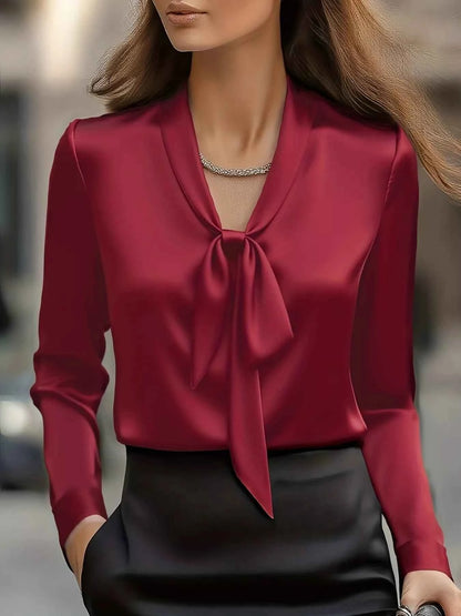 Sarah Express Women's Satin Tie Front Long Sleeve Blouse - Elegant Dressy Top Wine Red