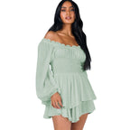 Sarah Express Off-Shoulder Pleated Ruffled Romper Long Sleeve Wide Leg Jumpsuit