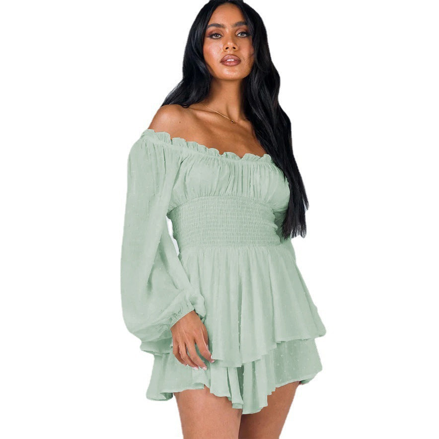 Sarah Express Off-Shoulder Pleated Ruffled Romper Long Sleeve Wide Leg Jumpsuit