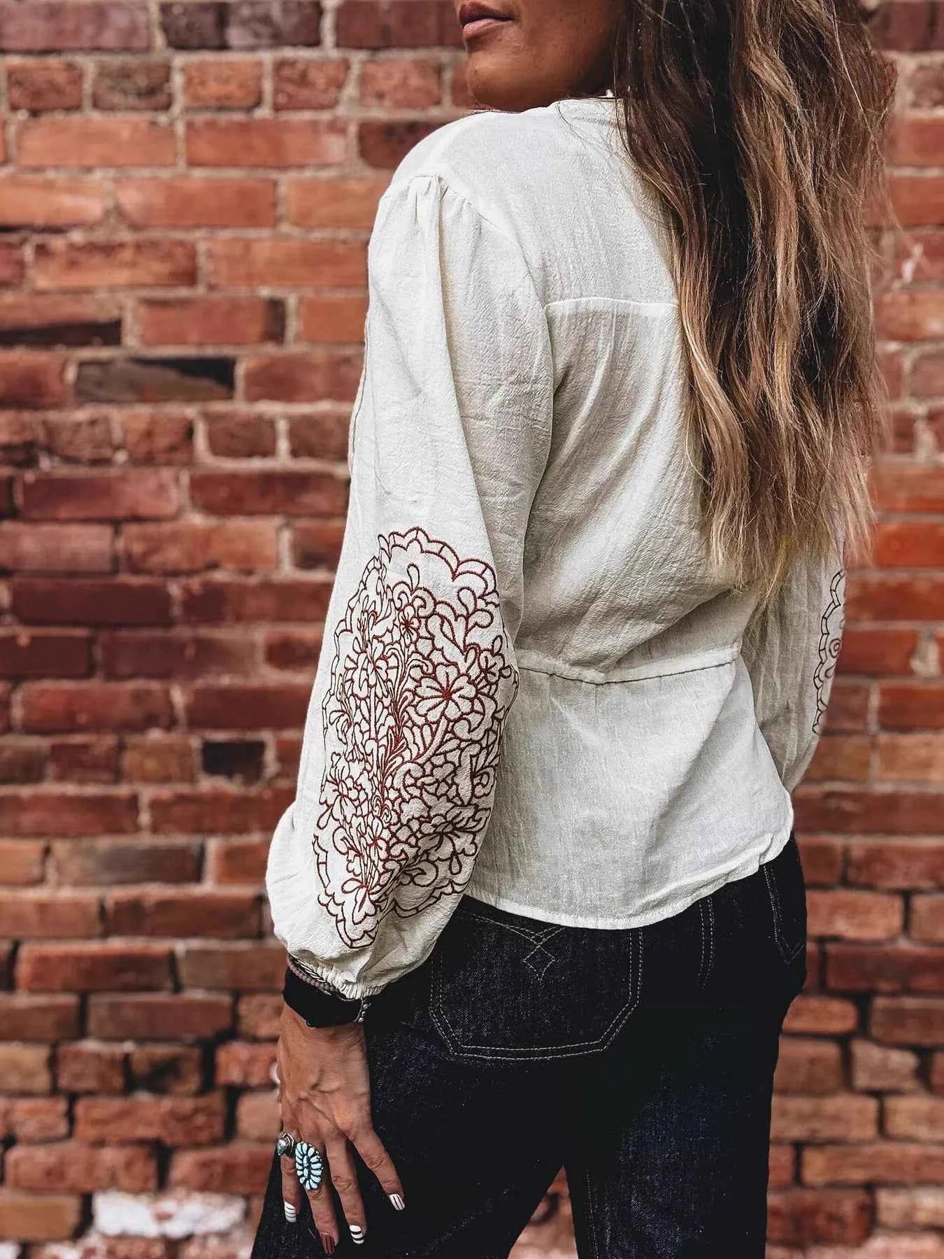 Sarah Express Women's Embroidered Drawstring Waist Blouse - Buttoned Long Sleeve Top