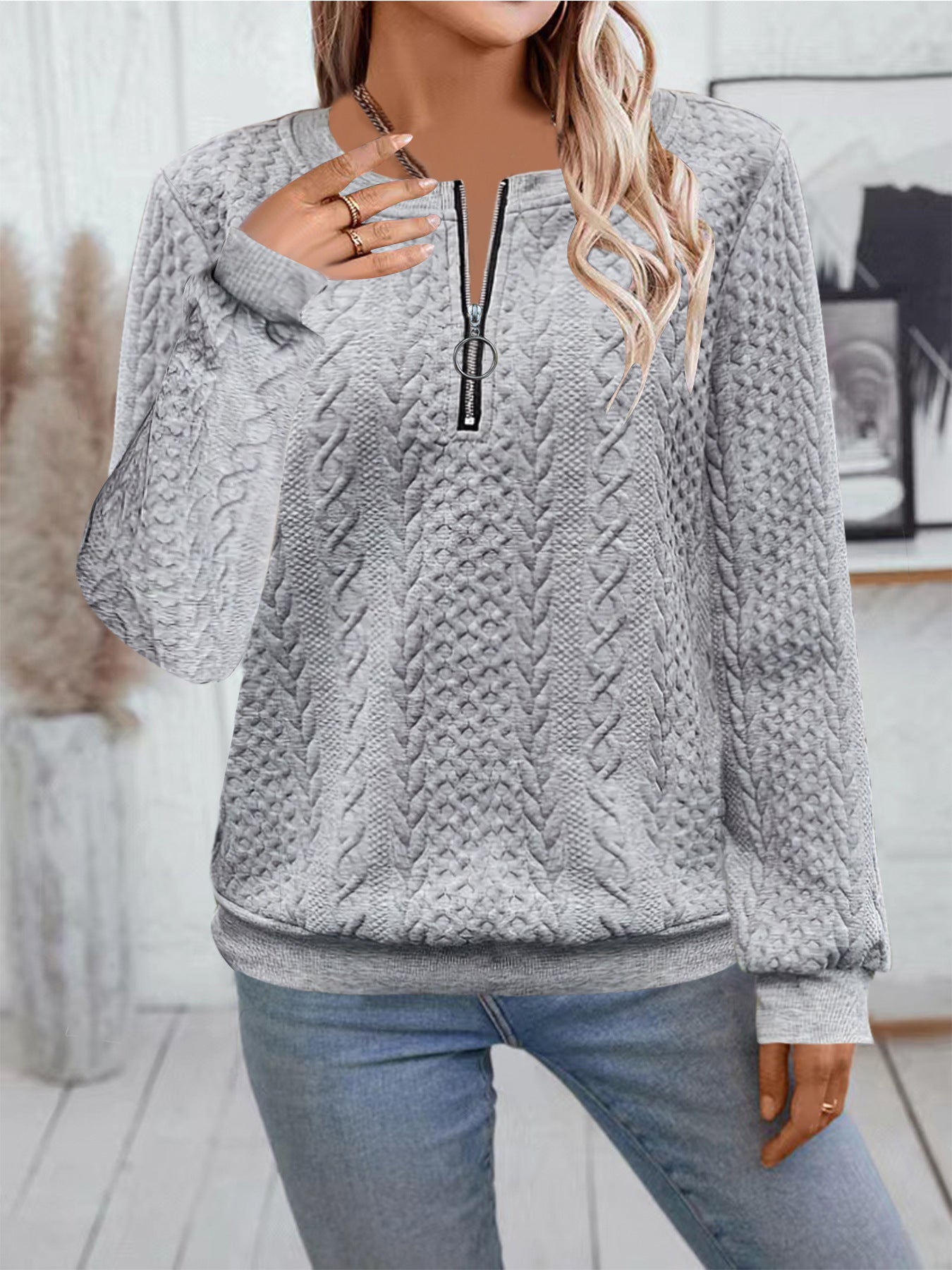 Sarah Express Women's Zipper Detail Long Sleeve Sweater Casual Loose Fit Pullover Top