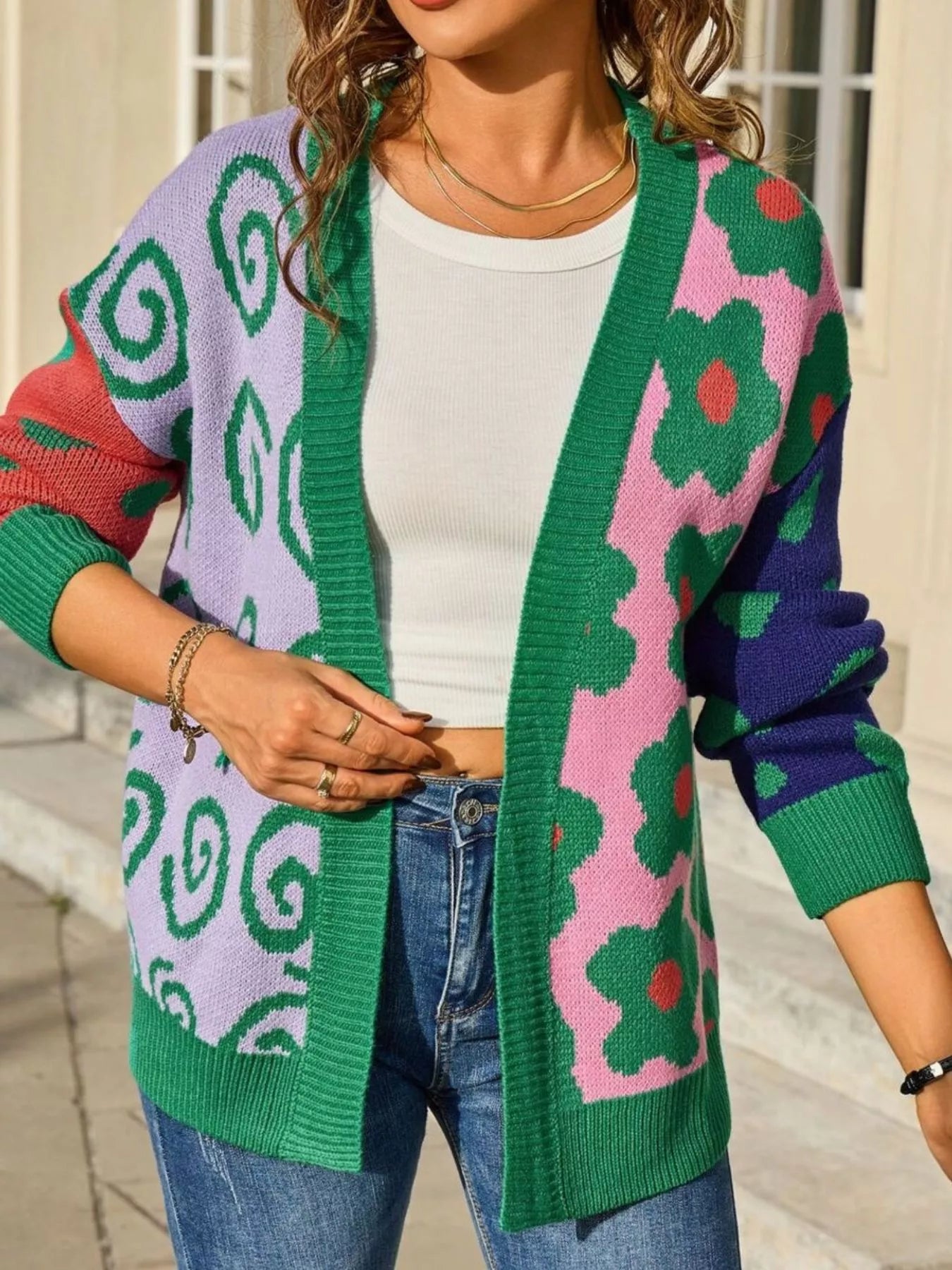 Sarah Express Women's Colorful Ribbed Open Front Cardigan - Multicolor Striped Knit Sweater