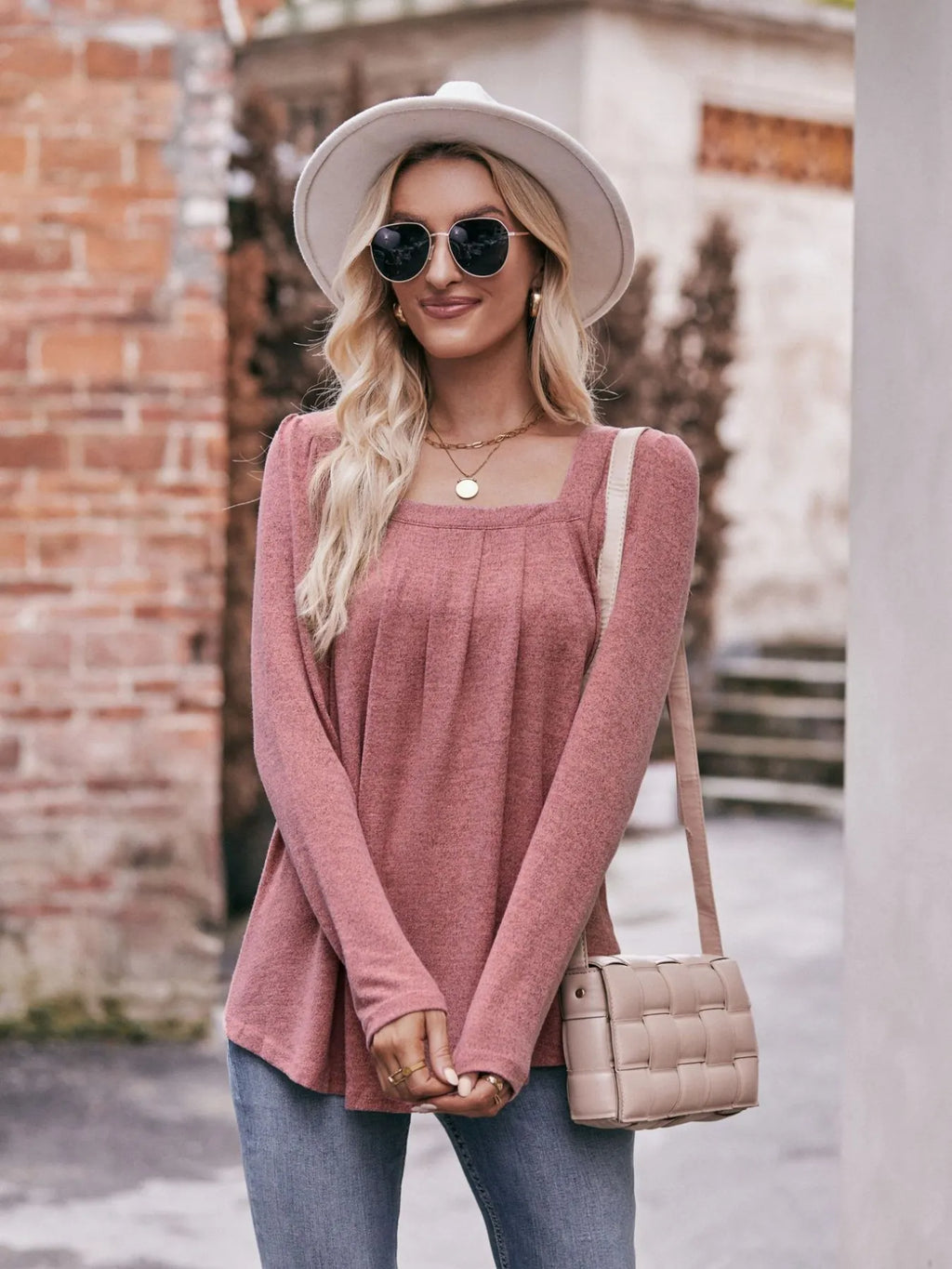 Sarah Express Women's Square Neck Long Sleeve T-Shirt - Ruched Design