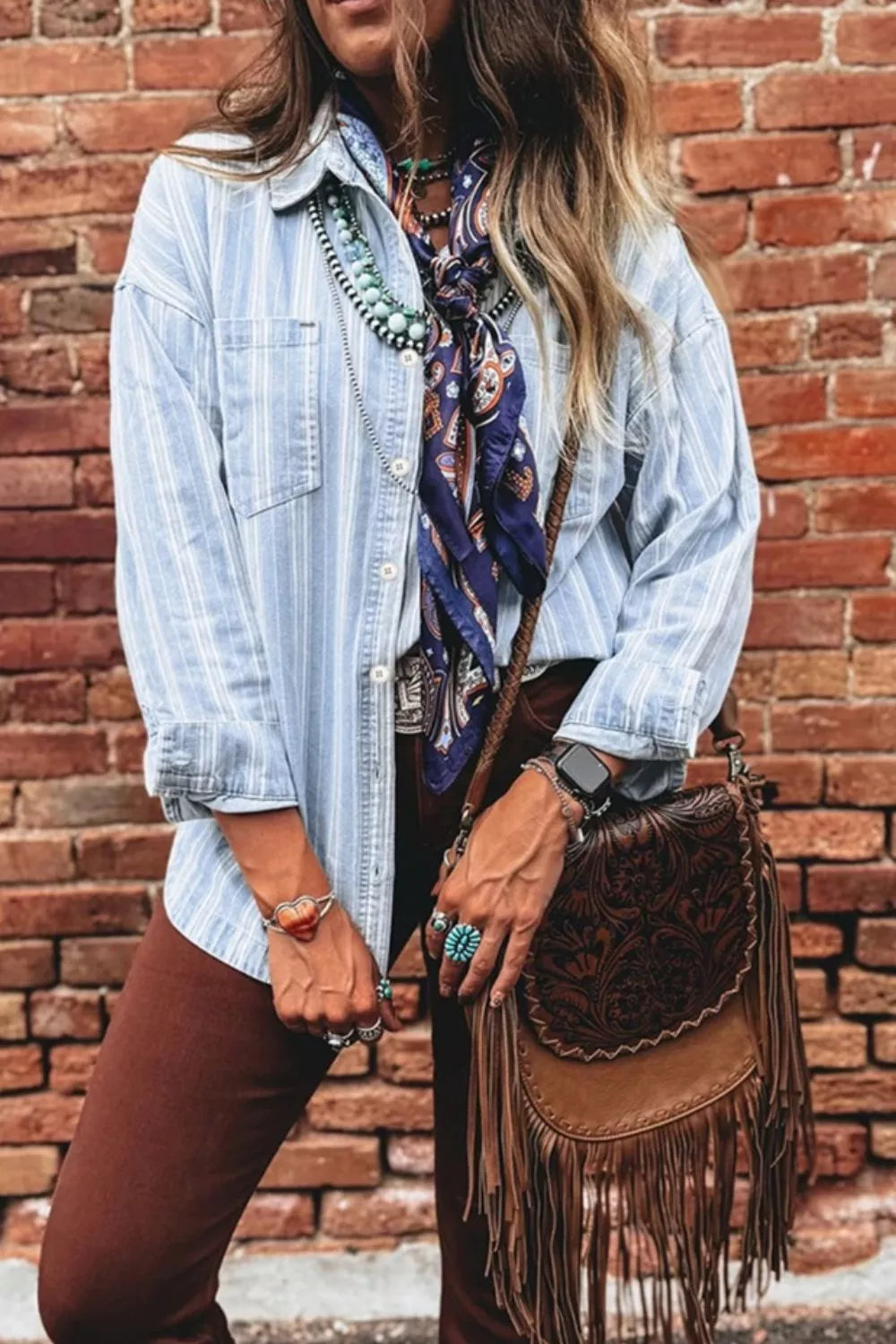 Sarah Express Women's Striped Button Down Denim Shacket Jacket with Pockets