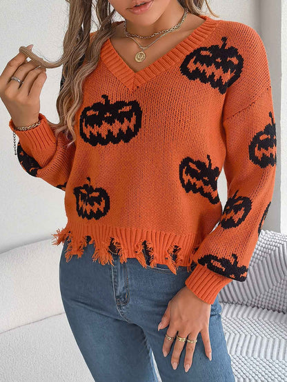 Sarah Express Women's Color Block Pumpkin Distressed Pullover Sweater Long Sleeve Knitwear