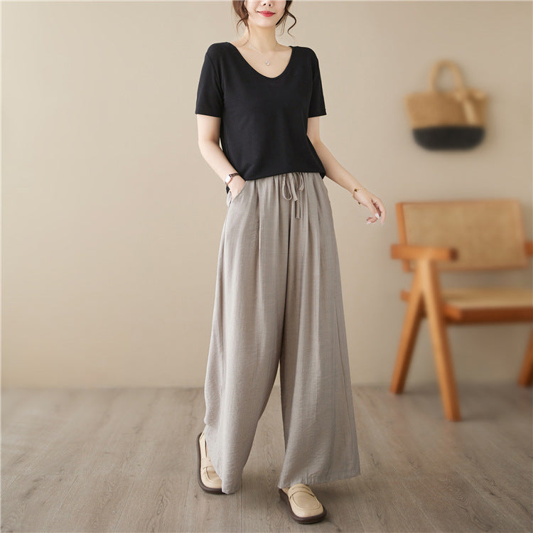 Sarah Express Women's Plus Size Wide Leg Pants Elastic Waist Straight Cotton Casual Trousers