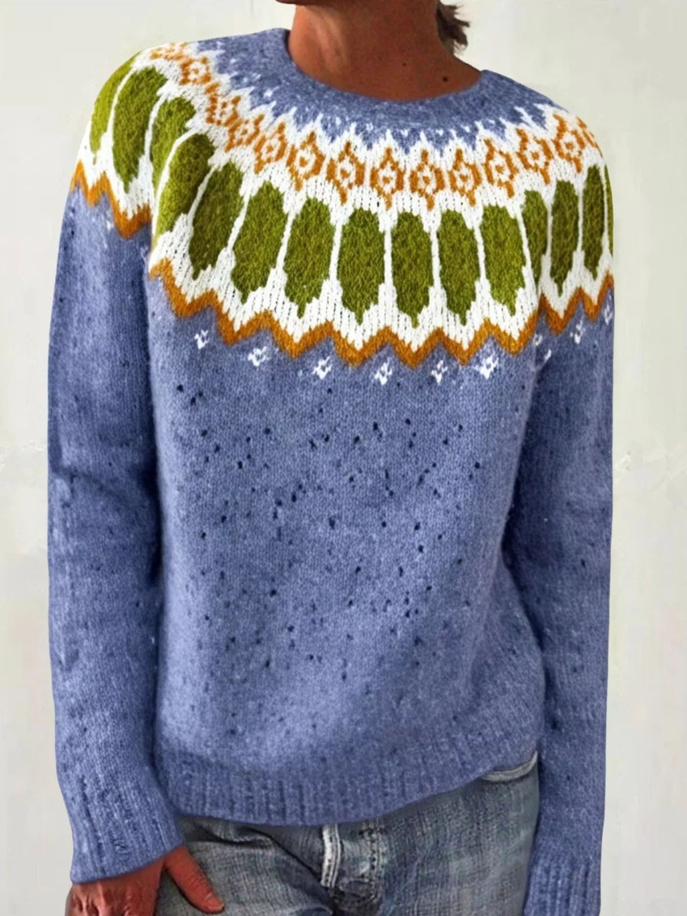 Sarah Express Women's Vintage Patterned Round Neck Sweater Plus Size Dusty Blue
