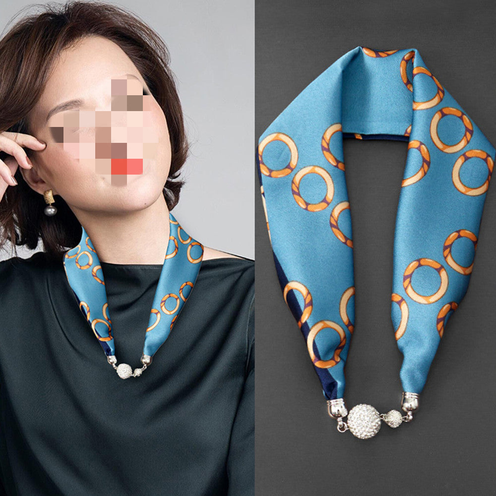 Sarah Express Magnetic Buckle Silk Scarf with Pearl Detail Women's Rectangular Necklace Scarf