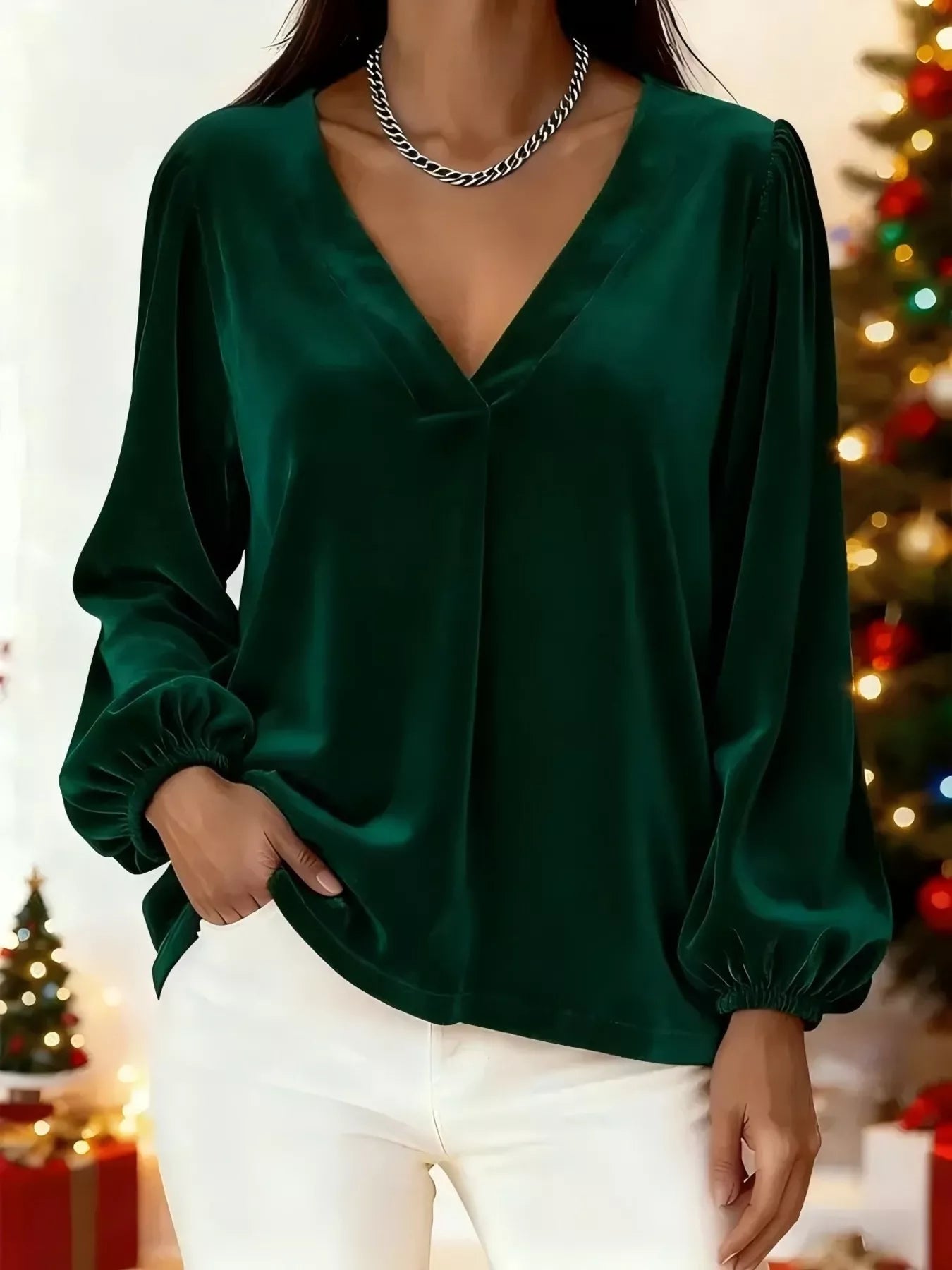 Sarah Express Women's Velvet V-Neck Balloon Sleeve Blouse Green