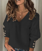 All-match Knitted V-neck Loose Long-sleeved T-shirt