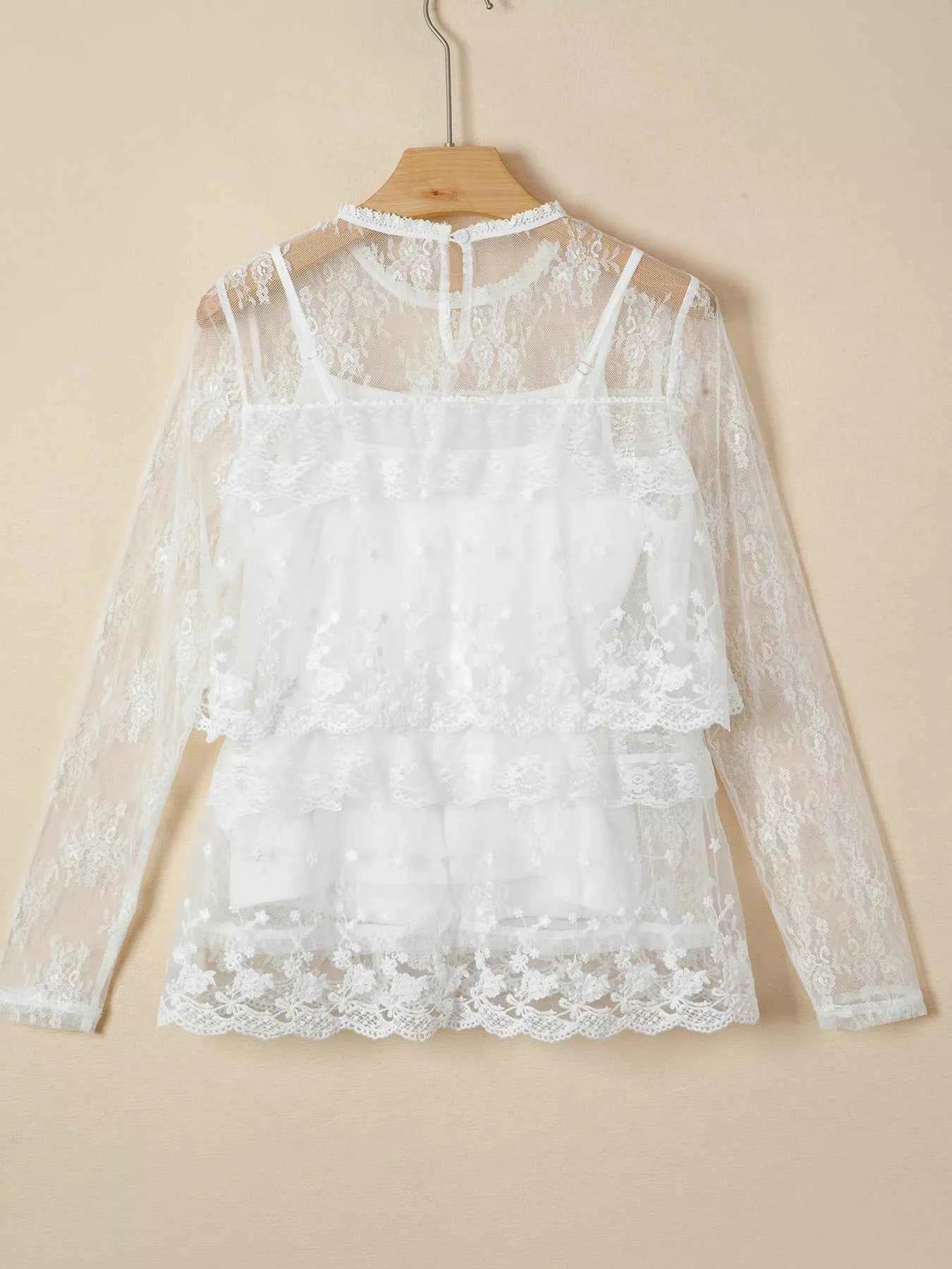 Sarah Express Women's Sheer Floral Lace Ruffle Tiered Blouse Set - 2 Piece