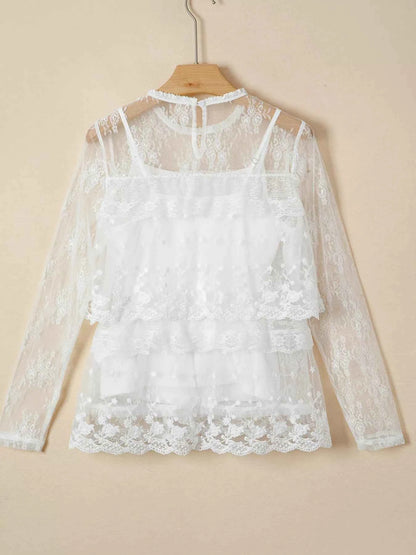 Sarah Express Women's Sheer Floral Lace Ruffle Tiered Blouse Set - 2 Piece