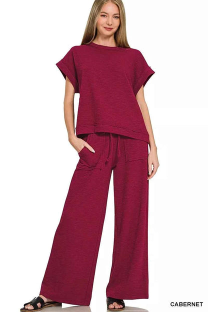 Sarah Express Women's Cotton Slub Short Sleeve Tee and Pants Lounge Set CABERNET