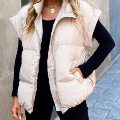 Sarah Express Cotton Padded Puffer Vest Stand Collar Zipper Pockets Sleeveless
