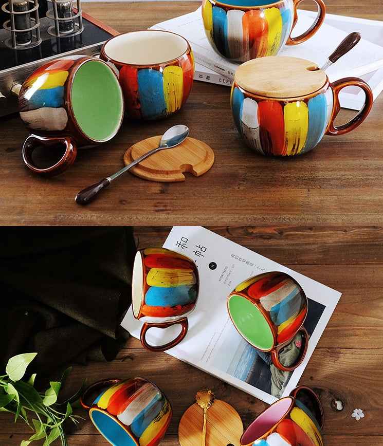 Sarah Express Ceramic Coffee Mug with Lid and Spoon - 350ml European Style Breakfast Cup Set