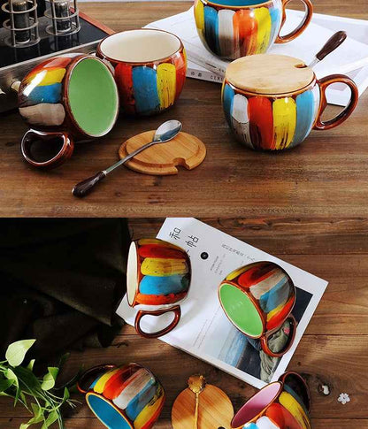 Sarah Express Ceramic Coffee Mug with Lid and Spoon - 350ml European Style Breakfast Cup Set