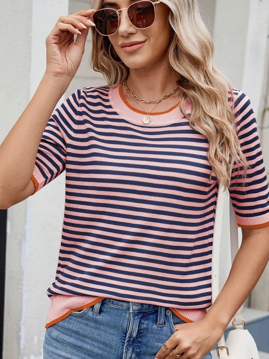 Sarah Express Women's Striped Casual T-Shirt with Contrast Trim