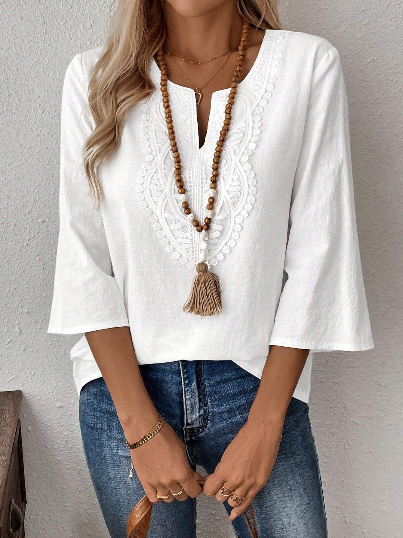 Sarah Express Women's Cotton Batwing Sleeve Blouse Wrap Neck Long Sleeve Casual Top