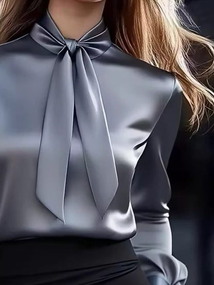 Sarah Express Women's Tie Neck Satin Long Sleeve Blouse