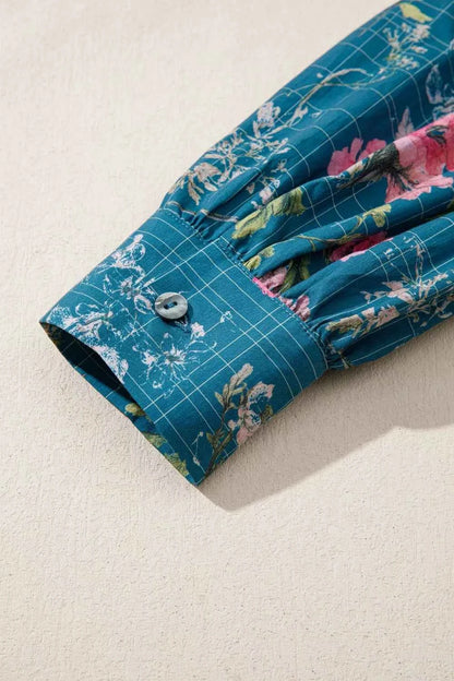 Sarah Express Women's Floral Print Puff Sleeve Blouse with Striped Trim