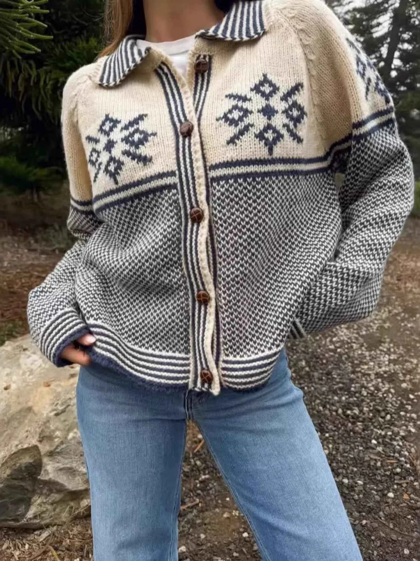 Sarah Express Women's Snowflake Pattern Knit Cardigan - Cozy Winter Sweater Ivory One Size